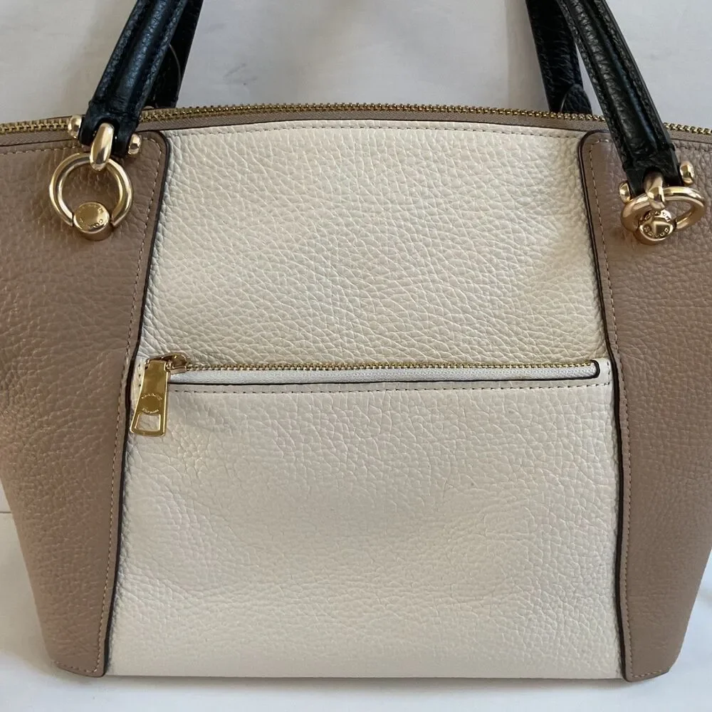 Coach Kacey Satchel Leather Bag in Colorblock Gold Chalk Tan Convertible C6841